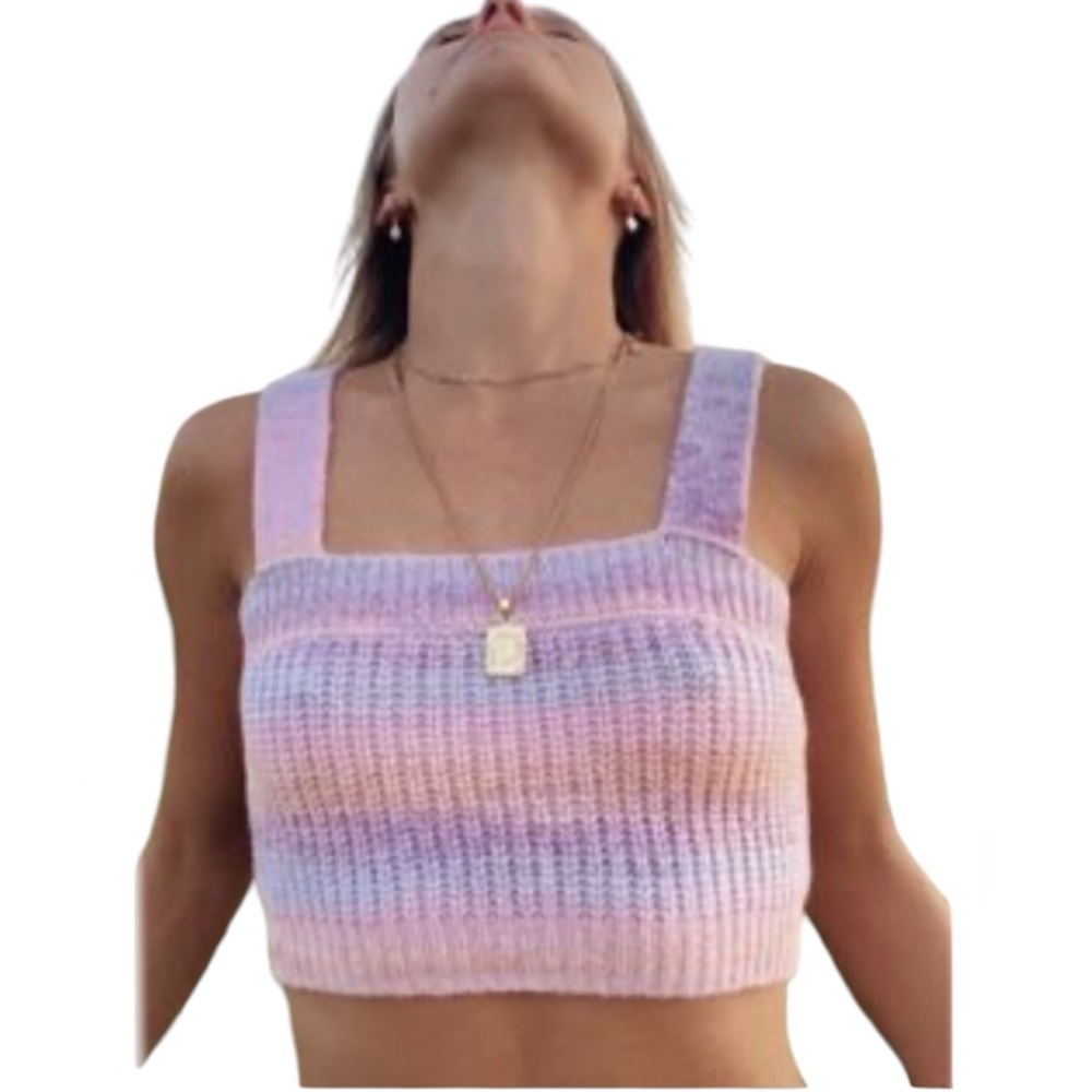 Knit Crop Top Tank Size XL Striped Pink Purple Stretch